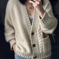 Neue reine Kaschmir-Strickjacke Mode Dicker, lockerer Pullover Winter Damen 100% Wolle V-Ausschnitt Große Jacke High-End-Mantel