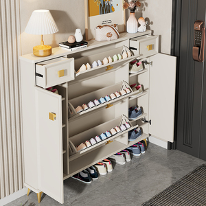 Mueble Moderno de Madera para Almacenamiento de Zapatos, Estrecho y Delgado, <span class=keywords><strong>con</strong></span> Estantes Ajustables, Organizador de Zapatos <span class=keywords><strong>con</strong></span> 3 <span class=keywords><strong>Cajones</strong></span> Abatibles y 4 Puertas - Product Image 2