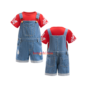 Nouvel arrivage de T-shirts manches courtes imprimés feuilles Lilo à bretelles en denim combinaison courte tenue costume hawaïen pour filles de 2 à 9 ans - Product Image 1