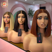 Wig Bob lurus pendek 99J merah merah Burgundy warna coklat kualitas tinggi dengan rambut Remy poni gaya rambut Brasil untuk WANITA HITAM