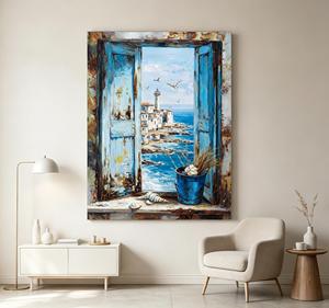 Tableau mural vue sur fenêtre de la côte, impression sur toile de ville balnéaire méditerranéenne vintage, volets bleus rustiques - Product Image 4