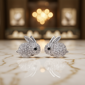 Orecchini a perno con coniglietto placcati oro E3371 con strass di cristallo, design a forma di animale, grazioso design per l'uso quotidiano, gioielli unisex - Product Image 2