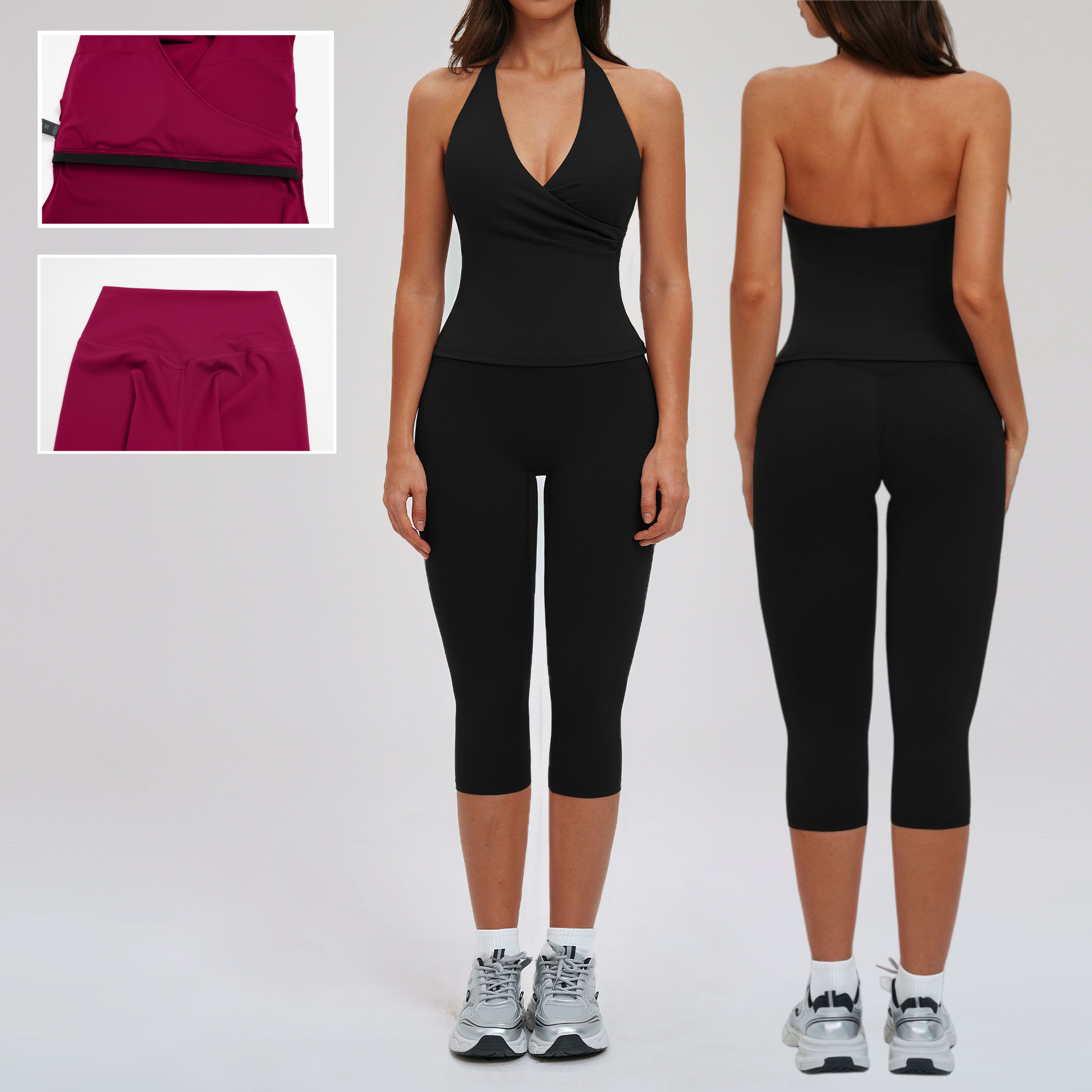 Halter Neck Workout Set Cross V Neck Sleeveless Top High Waist Lift Hips Capri Pants For Women Yoga Gym Fitness Outfit