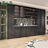 Buffet moderne avec tiroirs, armoires, portes vitrées, casier à vin à lattes, étagères ouvertes, finition noir mat, salle à manger
