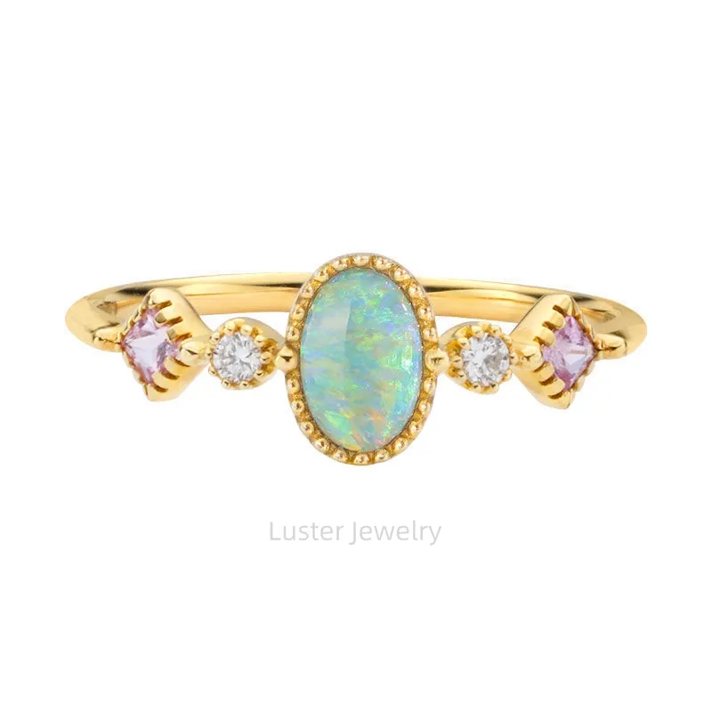 Luster jewelry green blue color 6*3mm oval opal gold plated adjustable 925 sterling silver gemstone rings for women
