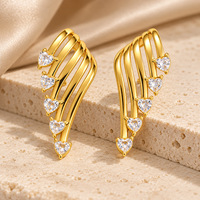 Anting-anting kancing zircon bunga hati sayap malaikat N&S untuk wanita, lapis emas 18K, baja tahan karat, perhiasan pesta, grosir