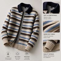 Suéter de Hombre a Rayas con Cuello Camisero y Cierre de Cremallera, Manga Larga, Tejido Estándar, Antiarrugas, Antibolitas, Informal, para Otoño e Invierno