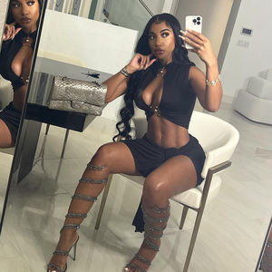 2024 HO Metal Decorative Two Pieces Skirts Sets Sexy <strong>Cleavage</strong> 2 Piece Set Women Hollow Out Women's Set - Product Image 5