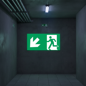 Uscita di emergenza verso il basso a sinistra freccia luminescente PVC segno. 200*400mm - Product Image 3