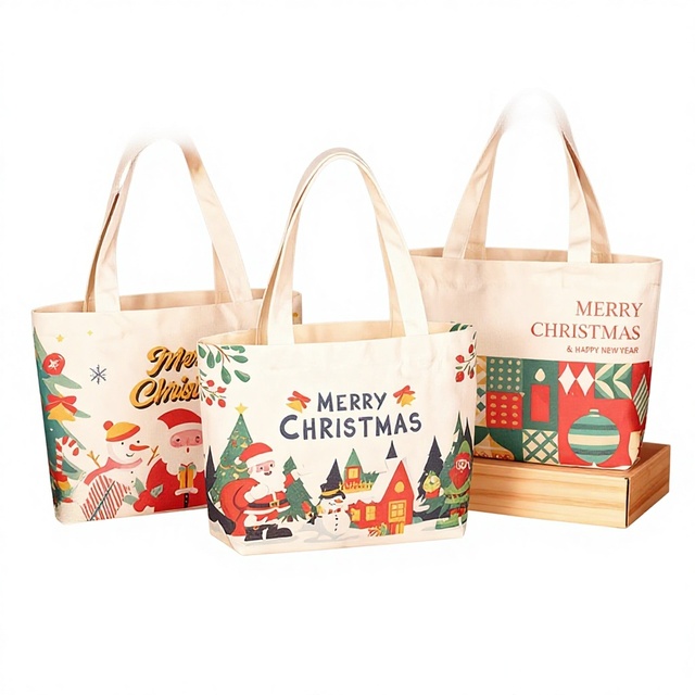 High-End Christmas Canvas Tote Bag with Custom Logo DIY Festive Design Gift Bag Multiple Sizes