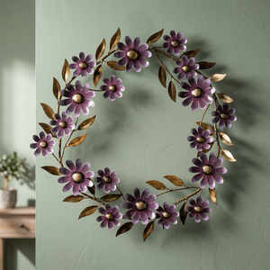 Corona de Flores Metálica Rústica Hecha a Mano, Decorativa, con Margaritas Púrpuras, Redonda, para Colgar en la Pared, Sin Iluminación, Paquete Individual - Product Image 5