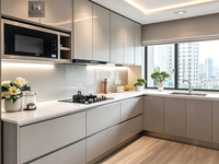 Ensemble complet d'armoires de cuisine modernes en bois sur mesure avec îlot, design facile à nettoyer, laque brillante, placards en MDF gris clair