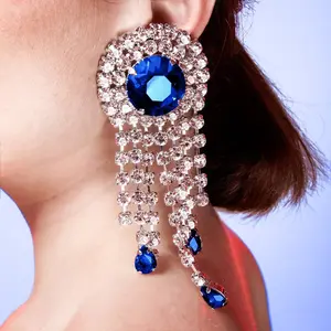 Винтажный Стиль 1920s с украшением в виде синих кристаллов и кисточкой, серьги для женщин, роскошные серьги позолоченные ювелирные изделия
