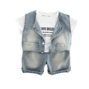 Conjunto de Ropa de Verano 2025 para Niños, Pantalones Cortos de Manga Corta, <span class=keywords><strong>Chaleco</strong></span> <span class=keywords><strong>Vaquero</strong></span> para Niños y Niñas, Traje de Tres Piezas, Jeans Elegantes al por Mayor - Product Image 4