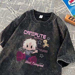 Vintage Washed Oversized T-Shirt Men Cartoon Print Short Sleeve O-<b>Neck</b> Casual Streetwear Jersey Cotton Top - Product Image 1