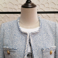 Manteau en tweed bicolore doux et chic Jancoco pour femme, col rond, garniture tressée, style bouclé, idéal pour le bureau - Collection Automne Hiver (Vente en gros)