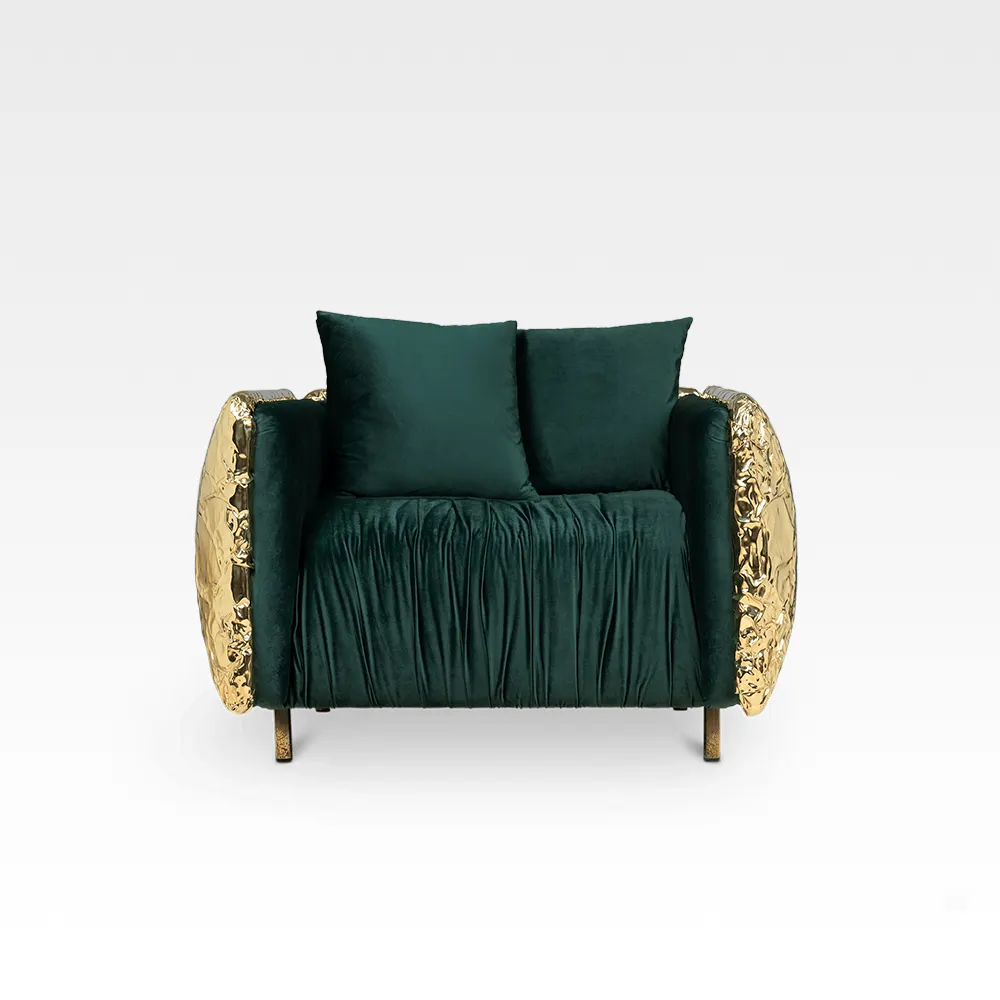 Artístico moderno hogar verde terciopelo sofá conjunto tela oro BrassMetal sofá individual conjunto Oficina sala de estar sillón