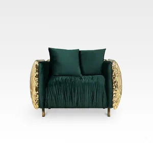 Artistic Modern Home Green Velvet Sofa Set Fabric Gold BrassMetal Single Sofa Set office Living room armchair