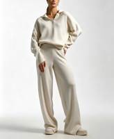 Ensemble deux pièces en tricot à col polo pour femmes, hauts à manches longues, pantalon large, tenue décontractée et ample pour la maison
