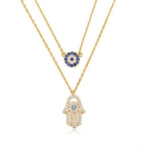 Collares <span class=keywords><strong>de</strong></span> <span class=keywords><strong>Plata</strong></span> <span class=keywords><strong>de</strong></span> Ley 925 al por Mayor, Joyería Fina, Colgante <span class=keywords><strong>de</strong></span> <span class=keywords><strong>Hamsa</strong></span> y Ojo Turco en Capas con Cadena para Clavícula - Product Image 1