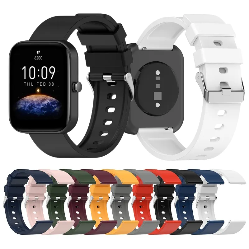 Silver Metal Buckle Bracelet Wristband Replacement Strap for Amazfit Bip 3 GTS 2/3 Solid Color 20mm Silicone Watch Band
