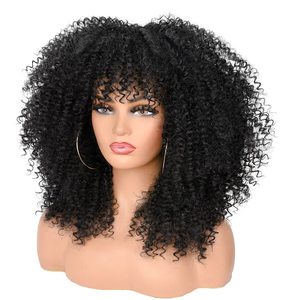 Perruques bouclées FUJAI de 16 pouces pour femmes noires, perruque Afro Bomb avec frange, fibre <span class=keywords><strong>haute</strong></span> <span class=keywords><strong>température</strong></span>, densité 100 %, cheveux bouclés crépus sans colle - Product Image 3