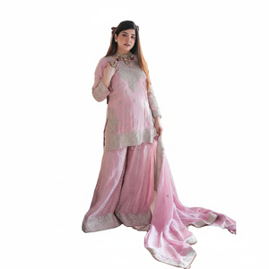 Salwar Kameez en soie chinon pure imprimée à la main avec fournisseur Dupatta de Surat India Baby Pink Color Rich Party & Occasion Wear - Product Image 1