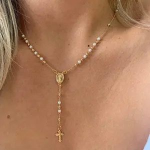 Kreuz Anhänger Edelstahl Schmuck vergoldet Designer Y-förmige Halskette Perlen und Perlenkette katholische Rosenkranz Halskette