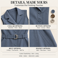 Robe mini utilitaire sans manches pour femme, col à revers cranté, avec ceinture à anneau en D et boutons ton sur ton, en sergé bleu ardoise, avec poches, personnalisable OEM, marque privée