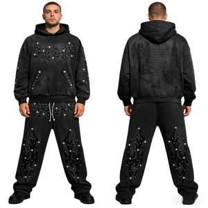 Custom Streetwear Vintage French Terry Cropped Acid Wash Zip up Distressed Rhinestone Sweatpants and Hoodie <b>Set</b> - Product Image 1