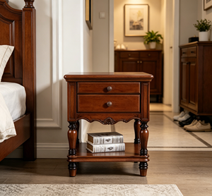 Traditional Dark <b>Walnut</b> Wood Nightstand 2-<b>Drawer</b> Antique Turned Leg Bedroom Furniture Storage Cabinet - Product Image 1