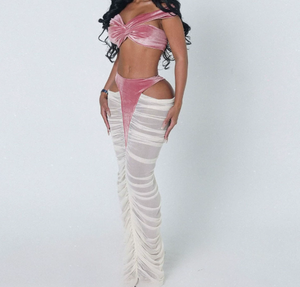 Viviblook Z1210ST09 Nouvel ensemble deux pièces pour femme : Crop top bustier sexy et jupe longue transparente à taille haute avec empiècements - Product Image 3