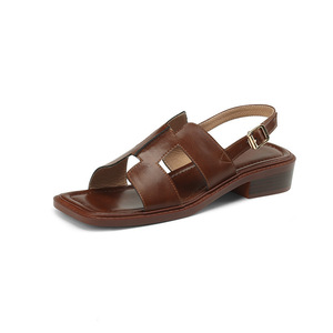 Sandalias Romanas Casuales de Tacón Bajo Marrón de Alta Calidad al por Mayor de Fábrica, Zapatos de Tacón de Cuero para Mujer - Product Image 6