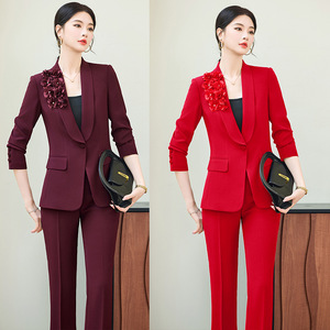 French Plus Size Red Suit Set For Women 2026 New Style High End Floral Jacket Flared Pants Two Piece Set Work Spring Casual - Product Image 1