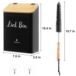 Wall Mounted Lint Box Holder with lid for Dryer Black with Bamboo Lid Metal Magnetic Lint Bin for Laundry Room