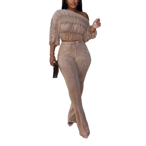 Seductive Solid-<b>Colour</b> Crop Top and Slim-Fit Flared Trousers Women's Two Piece <b>Set</b> Fashion - Product Image 3