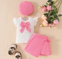Ensemble Filles Bébé Nouvel An, Haut Manches Courtes Grand Nœud, Jupe Irrégulière et Béret 3 Pièces, Tenue de Noël pour Tout-petits