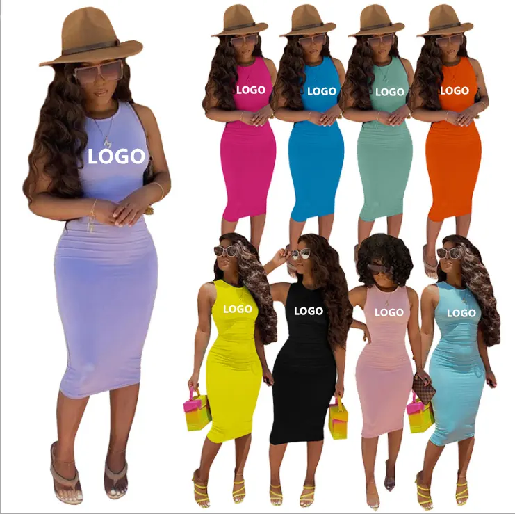 Logo Benutzer definierte Freizeit kleider Frau Kleidung Mode Kleider Einfarbig Sommer Ärmellose Frau Midi Bodycon Kleid Kleidung 0795