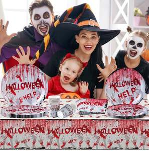 Assiettes jetables pour Halloween, tasses et serviettes de table, horribles mains de sang, vaisselle de fête pour 16 personnes - Product Image 6