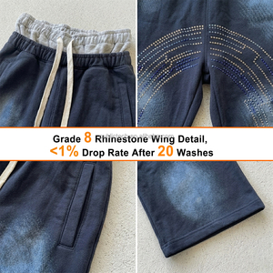 Pantalones de chándal anchos de doble cintura con logo de diamantes de imitación personalizados, estilo vintage, desgastados, con efecto lavado al sol y Monkey Wash para hombre - Product Image 2