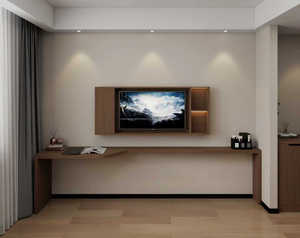 Meubles de chambre d'hôtel 3 étoiles sur mesure en gros : Cadre de lit en bois économique avec tables de chevet, meubles TV et armoires de rangement - Product Image 2