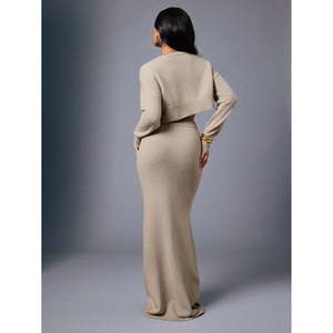 Falda Maxi Elegante de Mujer, Estilo Trompeta/Sirena, Tejido de Punto Acanalado Color Camel Melange, 100% Algodón, para Otoño - Product Image 5