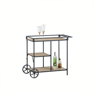 Chariot de bar moderne avec roulettes, plateau en bois, structure en fer, ensemble de service de boissons, station de boissons portable pour la maison - Product Image 1