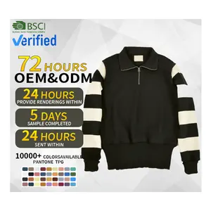 사용자 정의 로고 OEM ODM 대형 무거운 100% 울 빈티지 블랙 화이트 스트라이프 하프 지퍼 니트 풀오버 오토바이 스웨터 남성