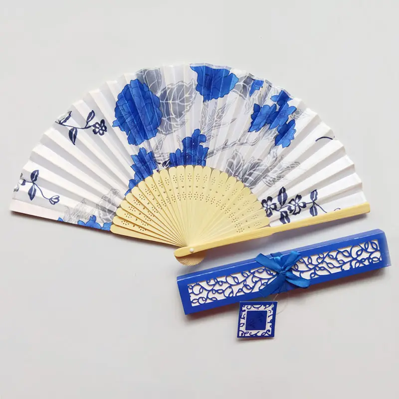 Abanicos De Mano Blue Floral Fabric Customized Hand Fans Wedding Favors Foldable Hand Fans for Guests