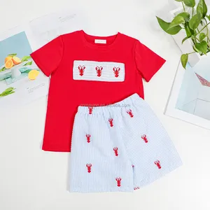 Maxine 2024 Low Moq Boys Boutique Customized Embroidery Smocked Boys Clothing Sets For Summer