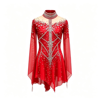 Robe de patinage artistique rouge à strass, col montant, dos évidé, manches longues, en maille, pour compétition de patinage sur glace, personnalisable