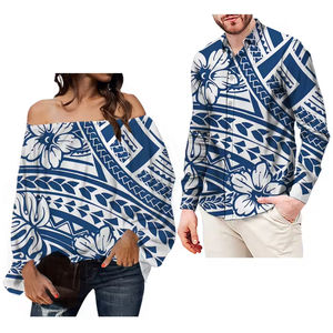 Chemise à manches longues pour <span class=keywords><strong>femme</strong></span>, motif de <span class=keywords><strong>tatouage</strong></span> tribal polynésien à fleurs hawaïennes, chemise en mousseline décontractée, chemise de couple, vente en gros - Product Image 4