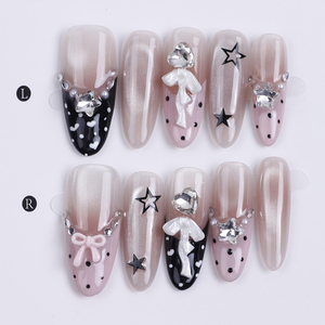 <span class=keywords><strong>Uñas</strong></span> Postizas de Lujo Hechas a Mano en 3D, Color Rosa y Negro, Diseño de Ojo de Gato, Forma Almendrada Larga, con Lindos Puntos y Corazones, Adornadas con Pedrería - Product Image 2