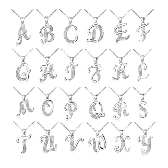925 Sterling Silver A-Z Initial 26 Letter Pendant Necklace with Cubic Zirconia